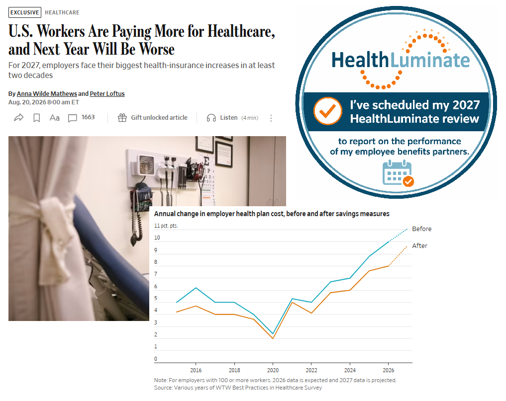 Wall Street Journal article: U.S. Workers Are Paying More for Healthcare, and Next Year Will Be Worse